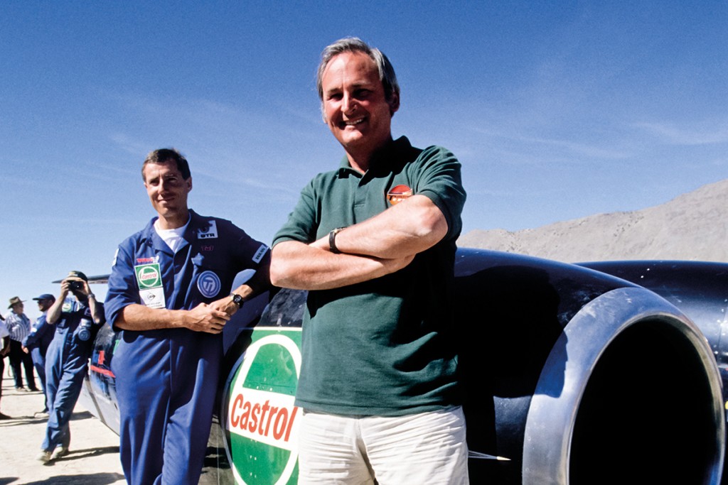 BLACK ROCK DESERT, NV - SEPTEMBER 1997:  Richard Noble, project director of the Thrust SSC team, and driver Andy Green, stand with the Thrust SSC car in September 1997 in the Black Rock Desert north of Reno, Nevada.  The car eventually set a series of land speed records, culminating in the first supersonic land speed record of 763 mph.  (Photo by David Madison/Getty Images)