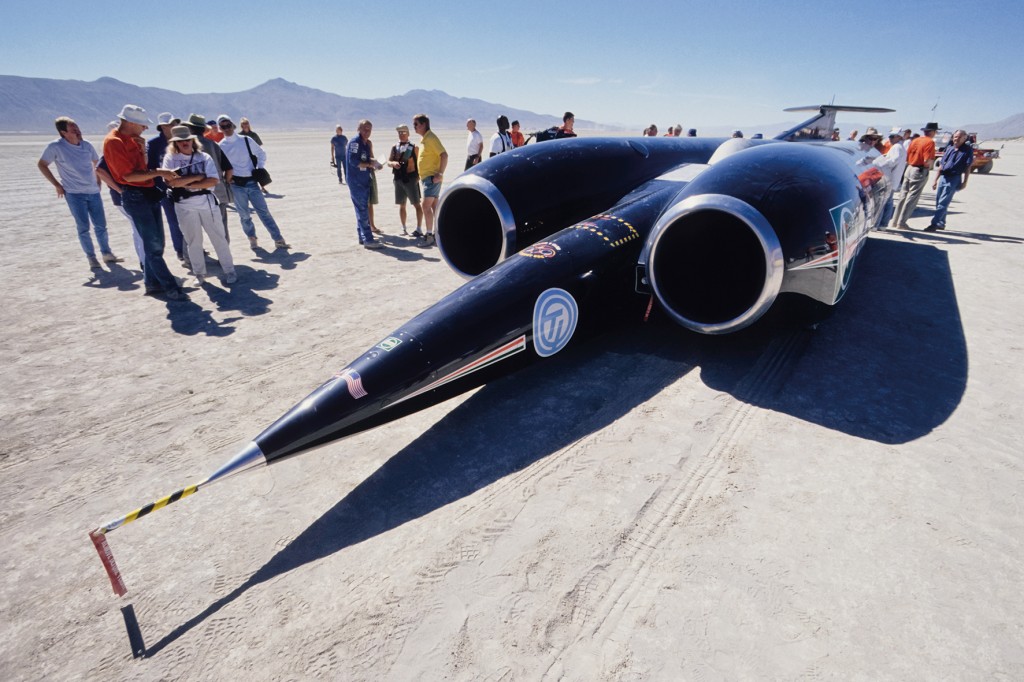 BLACK ROCK DESERT, NV - SEPTEMBER 1997:  The Thrust SSC car is on display  September 1997 in the Black Rock Desert north of Reno, Nevada.  The car eventually set a series of land speed records, culminating in the first supersonic land speed record of 763 mph.  (Photo by David Madison/Getty Images)